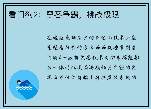 看门狗2：黑客争霸，挑战极限